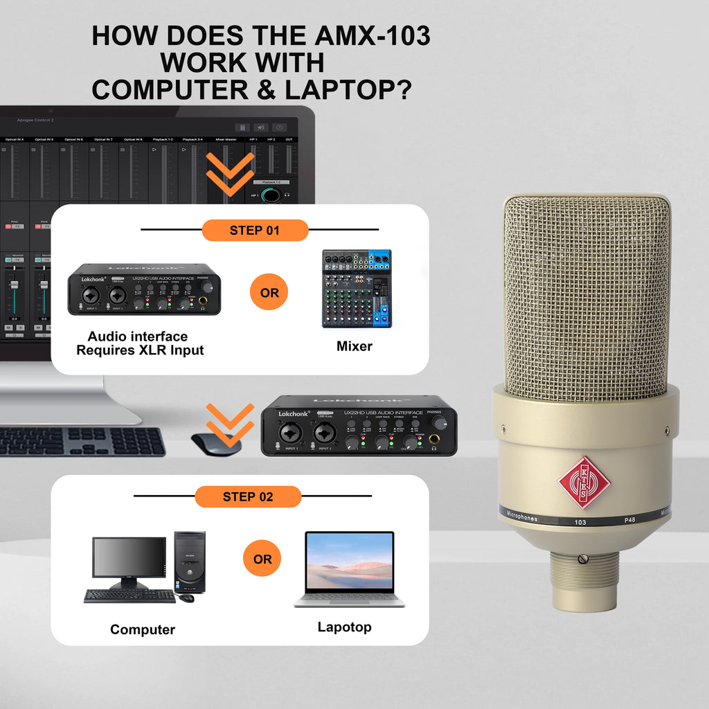 AMX 103 XLR Condenser Microphone 48V Phantom Power Mic for Audio Interface Mixer Studio Recording Podcast Streaming Voice Over