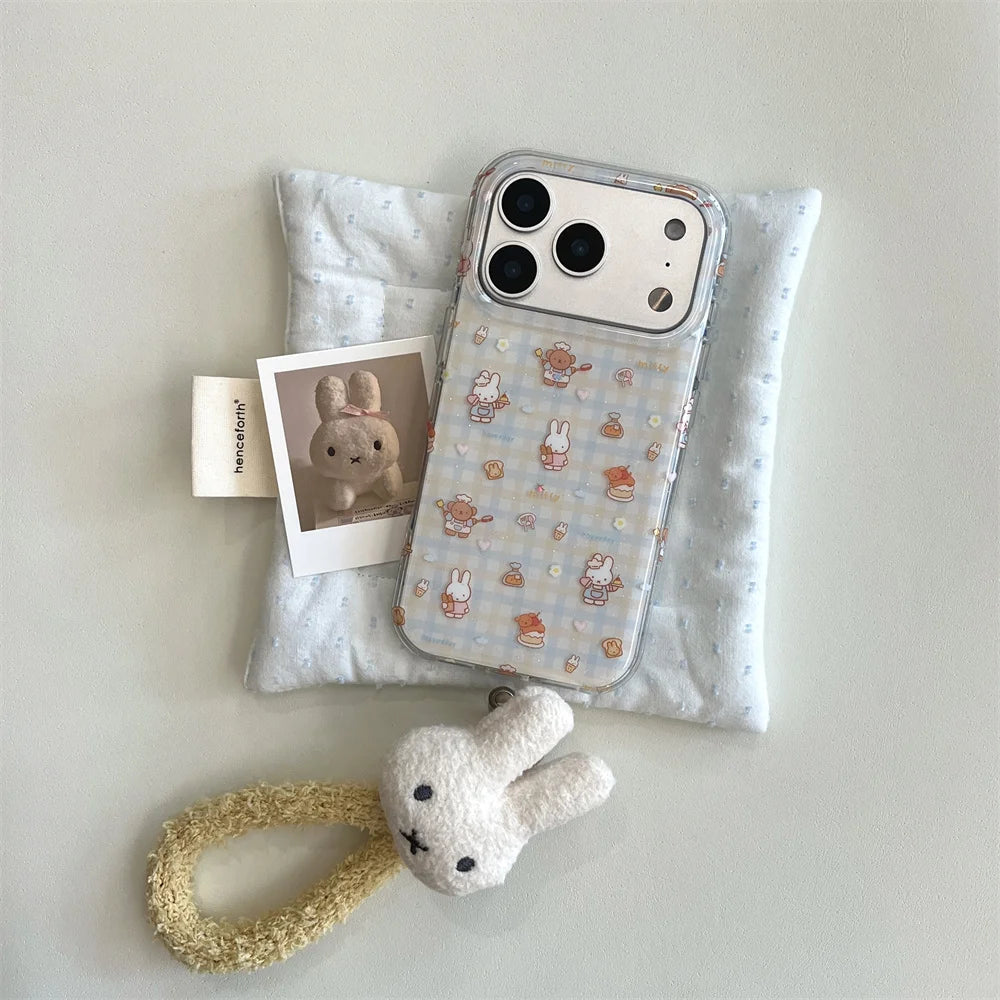 Korean INS fashion plaid Bear Rabbit phone case for iPhone 13 14 15 16 Pro 17 Pro Max cover cute cartoon cartoon shockproof Case
