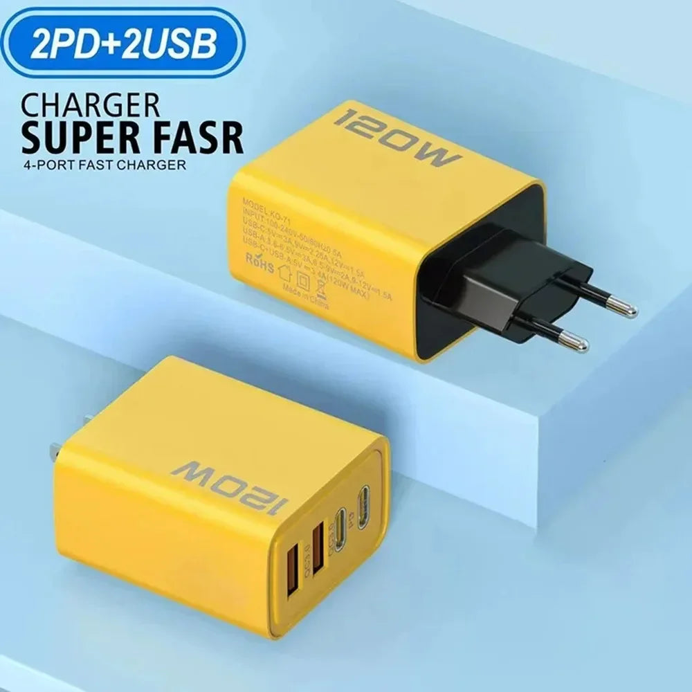 120W Total Fast Charging Quick Charger PD USB Type-C Wall Adapter for iPhone 16/15/14 Xiaomi Huawei Redmi Oneplus -Phone Charger
