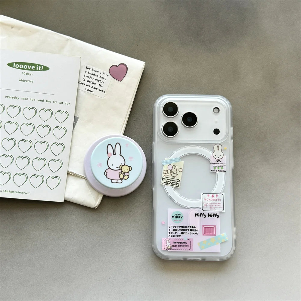 Korean Ins Cute Cartoon Rabbit with Magsafe Card Holde Magnetic Stand Phone Case For iPhone 17 16 Pro 15 17  Pro Max 14 13 Cover