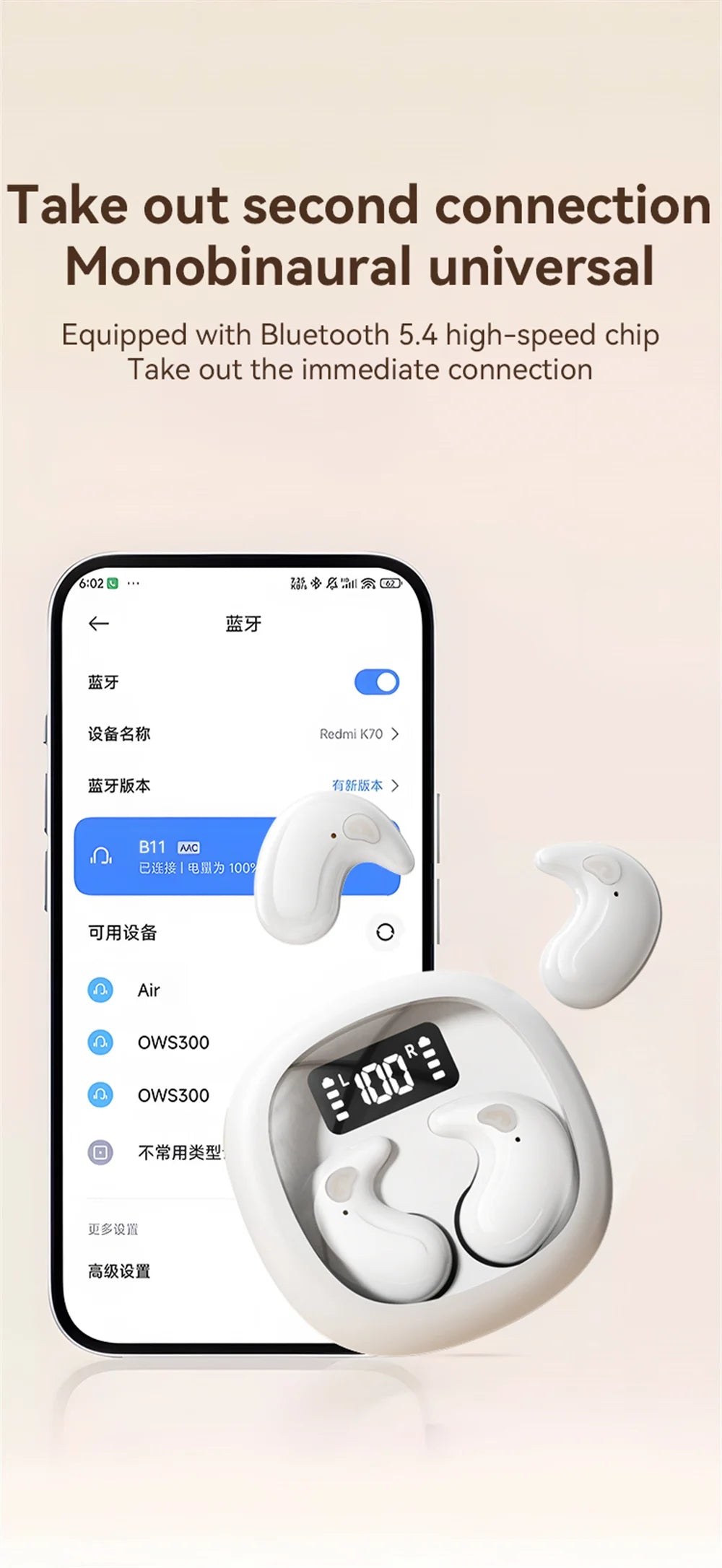 For Phone Sleep Invisible Stereo Headset IPX5 Waterproof Wireless Bluetooth Earphone Earbuds With Mic Bluetooth 5.3 Headphones