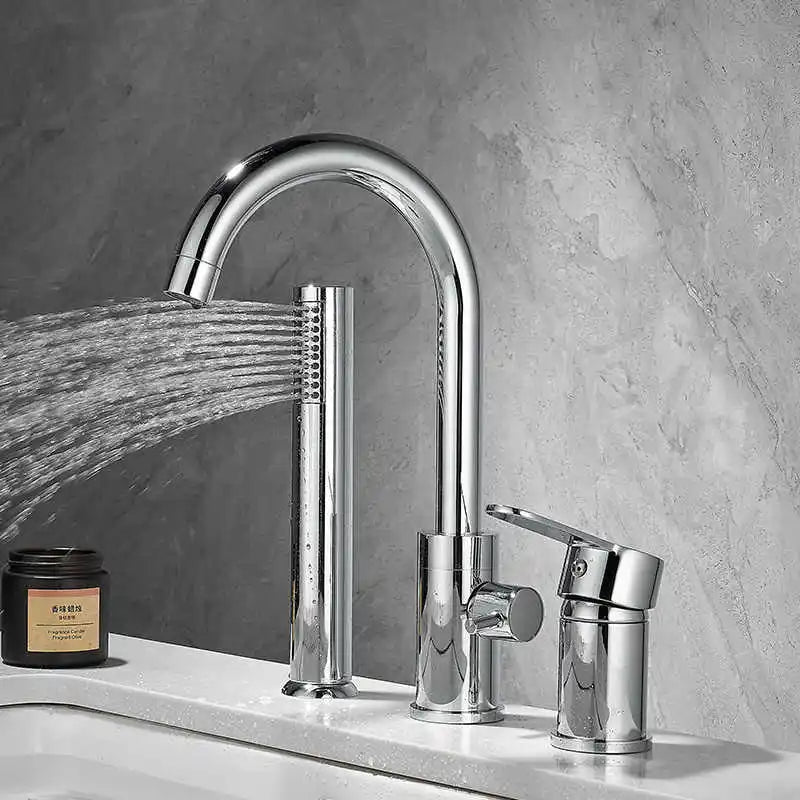 Bathroom Bathtub Shower Faucet with Swivel Tub Spout and Handhold Shower Brass Wall Mounted Hot Cold Water Mixer Bath Tap