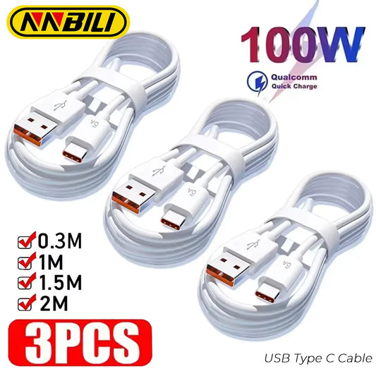 NNBILI 3PCS 100W 6A Super Fast Charger Cable Fast USB Type C Charging Data Cord Quick Charger Cable USB C charger fast charging