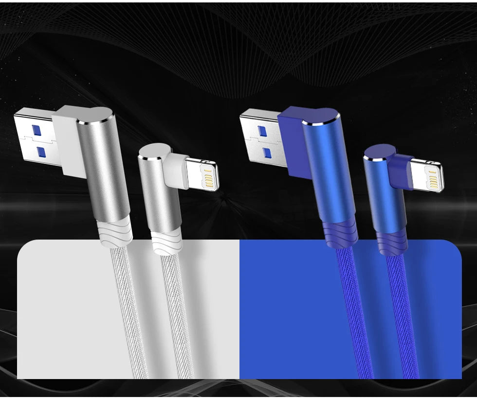 90 Degree USB Cable For iPhone 14 13 12 11 Pro Max X XR 6s 7 8 Plus 2m 3m Lead Mobile Phone Fast Charging Cord Data Charger Wire