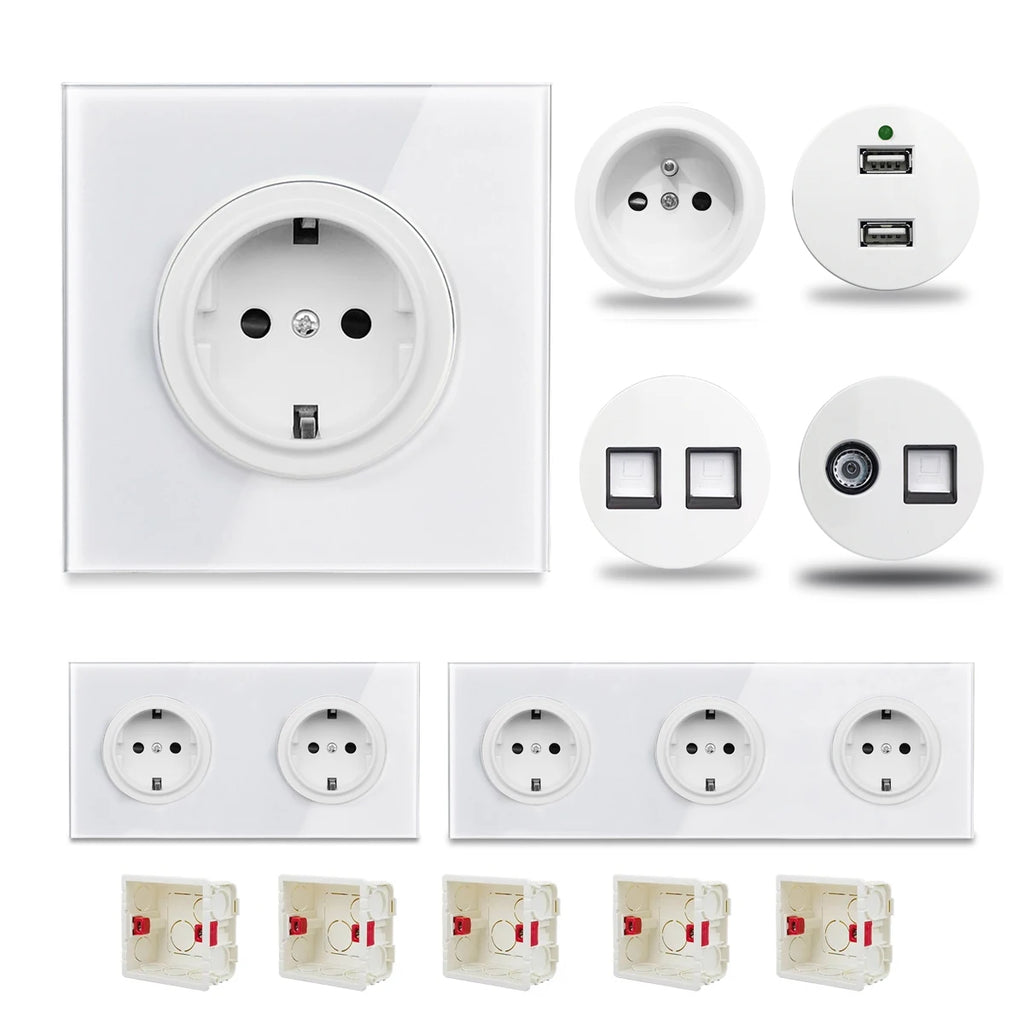 EU Korea Russian Wall Socket White Tempered Glass Frame RJ45 CAT6 TV Outlet Single Double Triple 86x86mm Box Requried Wallpad