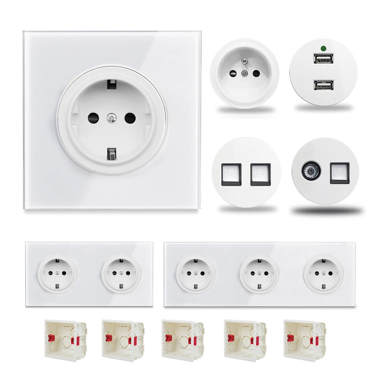 EU Korea Russian Wall Socket White Tempered Glass Frame RJ45 CAT6 TV Outlet Single Double Triple 86x86mm Box Requried Wallpad