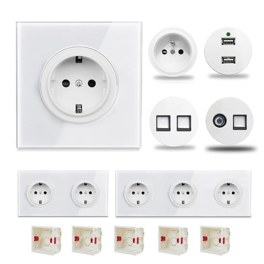EU Korea Russian Wall Socket White Tempered Glass Frame RJ45 CAT6 TV Outlet Single Double Triple 86x86mm Box Requried Wallpad