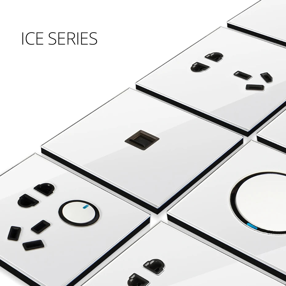 EU Korea Russian Wall Socket White Tempered Glass Frame RJ45 CAT6 TV Outlet Single Double Triple 86x86mm Box Requried Wallpad