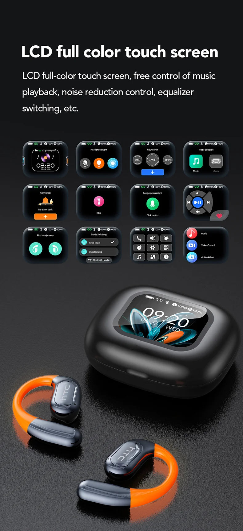 HTC NE27 Bluetooth Earphone AI Translation Earbuds OWS Sport Headphone Touch Screen Ultra Long Battery Life Wireless Headphone