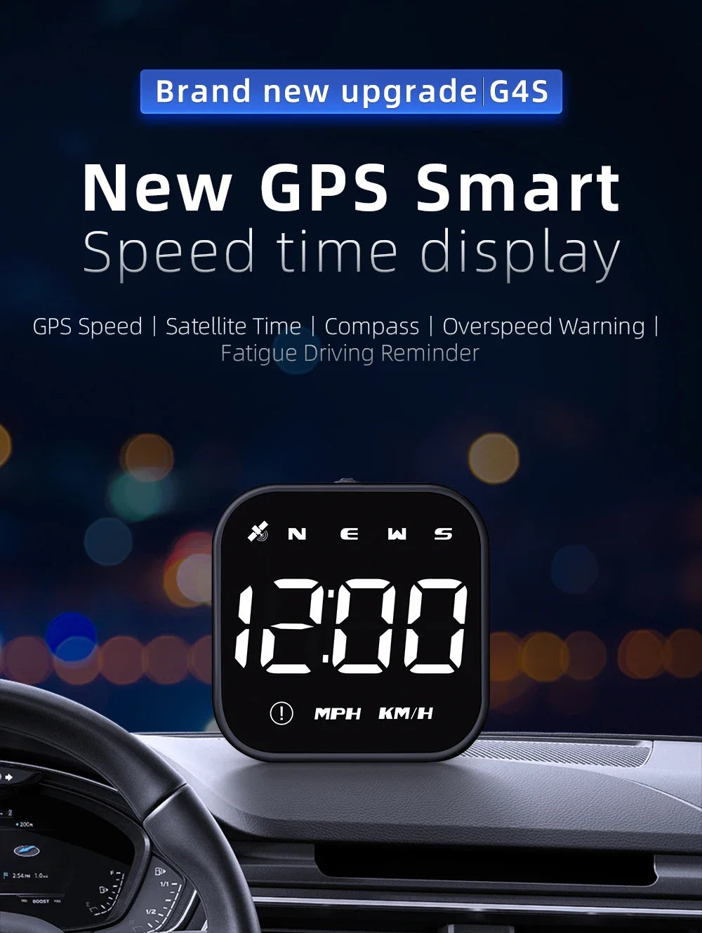 GPS Smart Car Head Up Display G4S HUD Digital Speedometer MPH KMH With Overspeed Alarm Car Time Display White LED Gauge Meter