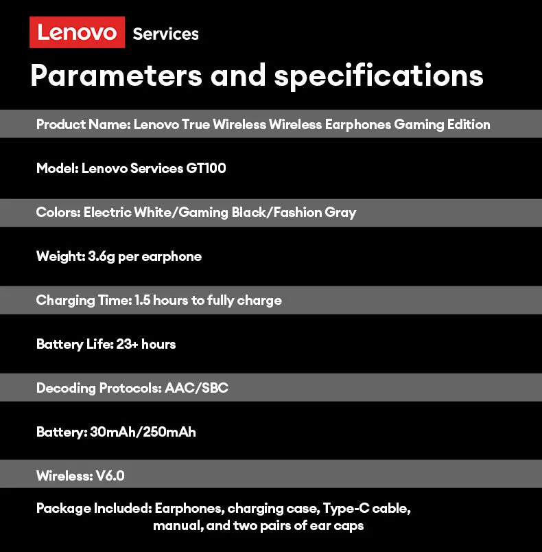 New Lenovo GT100 TWS Bluetooth 6.0 Gaming Headphones Low Latency Long Battery Life In Ear Wireless Earbuds HD Calls Earphones