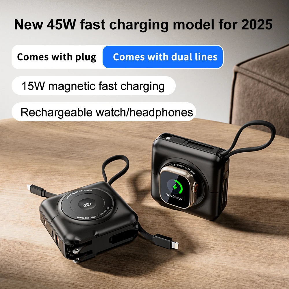 8-in-1 Magnetic Wireless Power Bank 15000mAh Type-C 45W Fast Charging With Dual Cables AC Plug for iPhone Android Airpods Watch