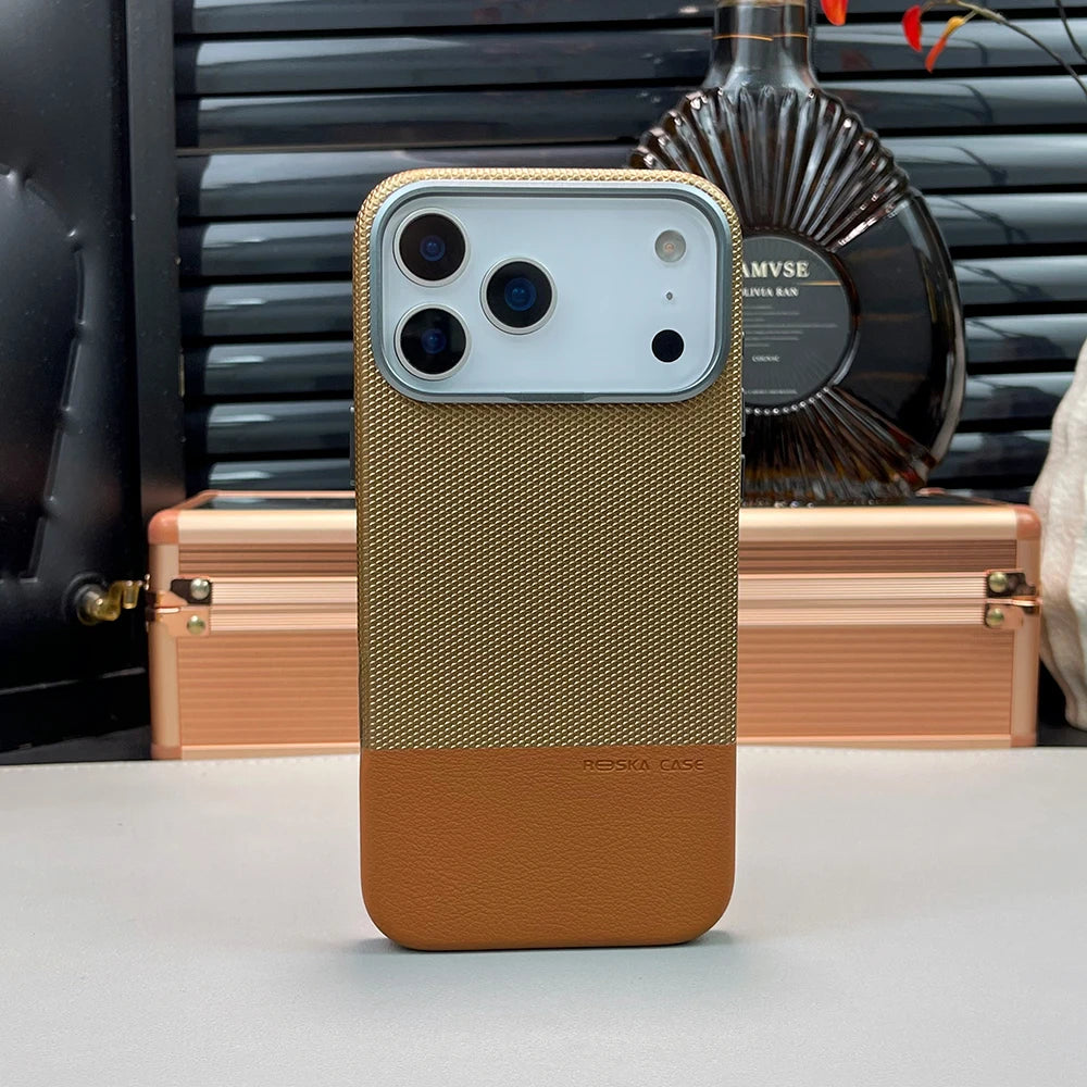 Luxury Business Hit Color Relief Leather Case for IPhone 17 Pro Max 16 15 14 13 for MagSafe Magnetic Shockproof Alloy Lens Cover