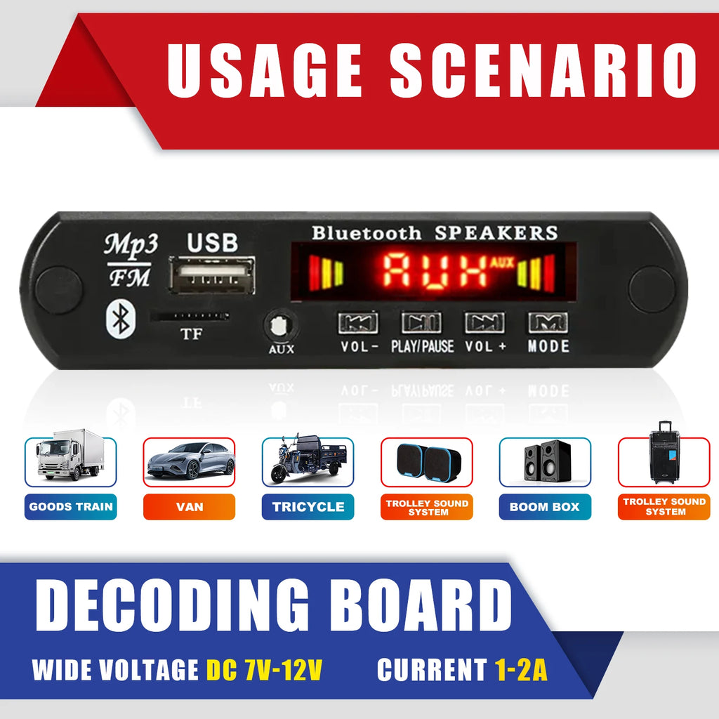 Car DIY 5.0 Bluetooth MP3 WAV Decoder Board DC 12V Wireless USB MP3 Music Player TF Card Slot FM AUX with Mic Handsfree control