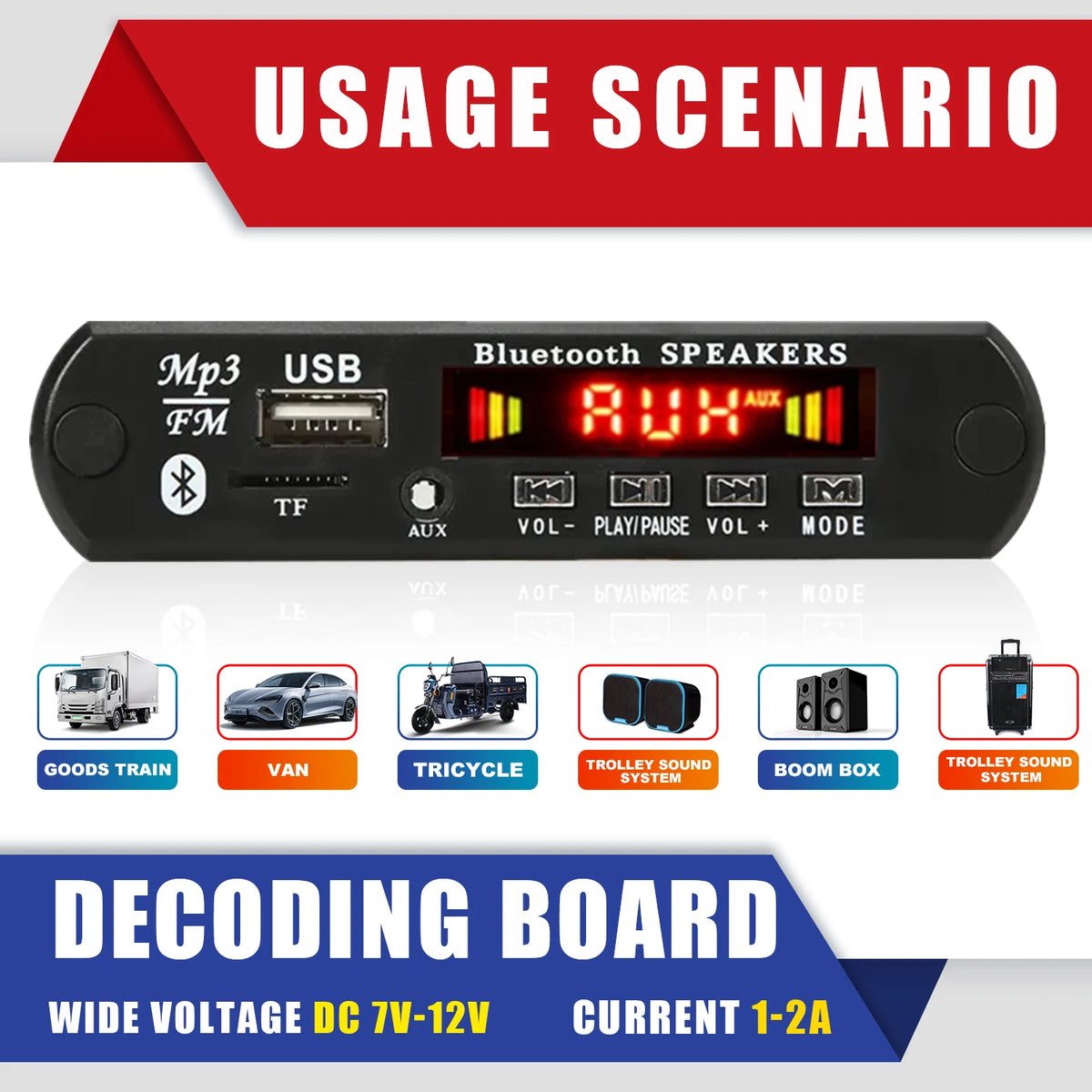 Car DIY 5.0 Bluetooth MP3 WAV Decoder Board DC 12V Wireless USB MP3 Music Player TF Card Slot FM AUX with Mic Handsfree control