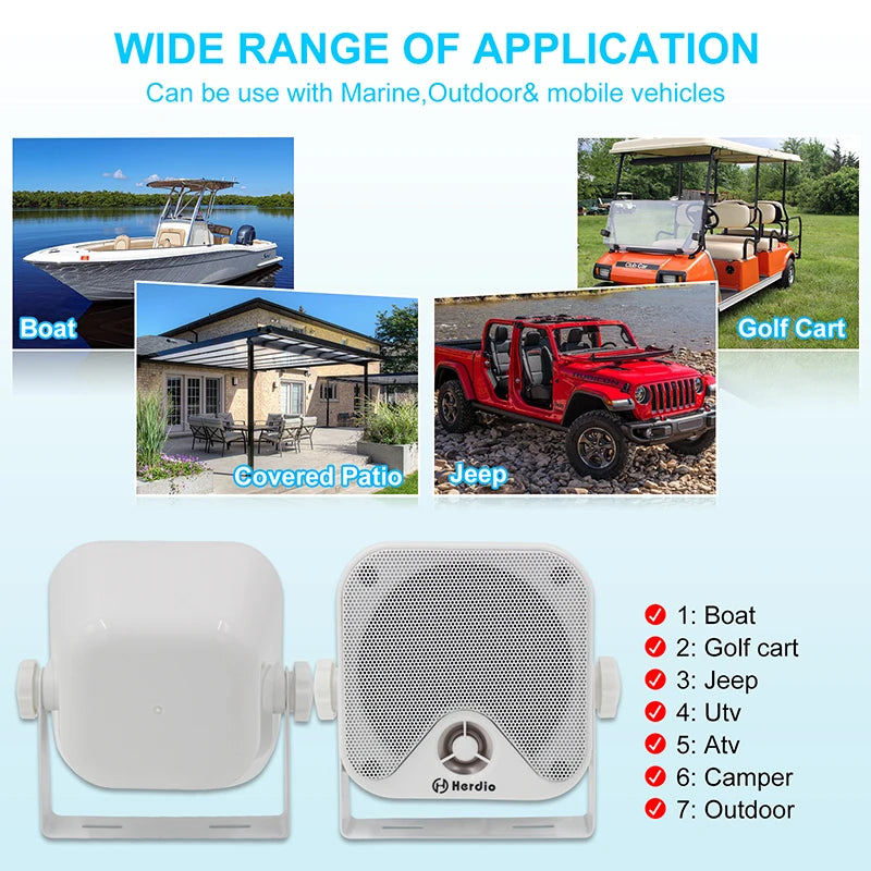Herdio 4 Inch Waterproof Bluetooth Marine Speakers (2 Pack) - Surface Mount Heavy Duty Audio for Boats, Golf Carts, ATV, UTV,