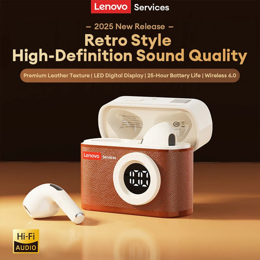 Lenovo LE218 Bluetooth 6.0 Vintage Leather Wireless Earbuds LED Digital Display Headphones ENC Noise Reducation Earphone for Mi