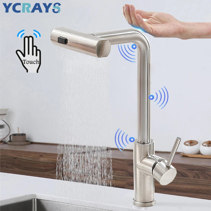 YCRAYS Brushed Nickle Kitchen Touch Sense Pulling Out Faucet Gray Waterfall Stream Sprayer Head Sink Mixer Water Tap Accessories