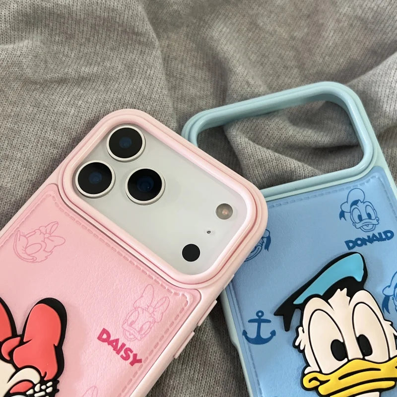 Luxury embossing leather Cute couple cartoon Funny Daisy Donald Duck Phone Case For iPhone 13 14 15 16 17 Pro Max 17Pro Cover﻿﻿