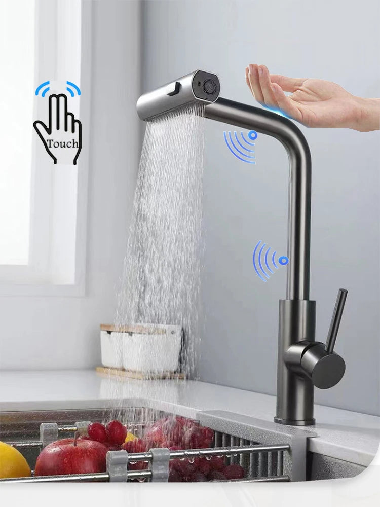 YCRAYS Brushed Nickle Kitchen Touch Sense Pulling Out Faucet Gray Waterfall Stream Sprayer Head Sink Mixer Water Tap Accessories