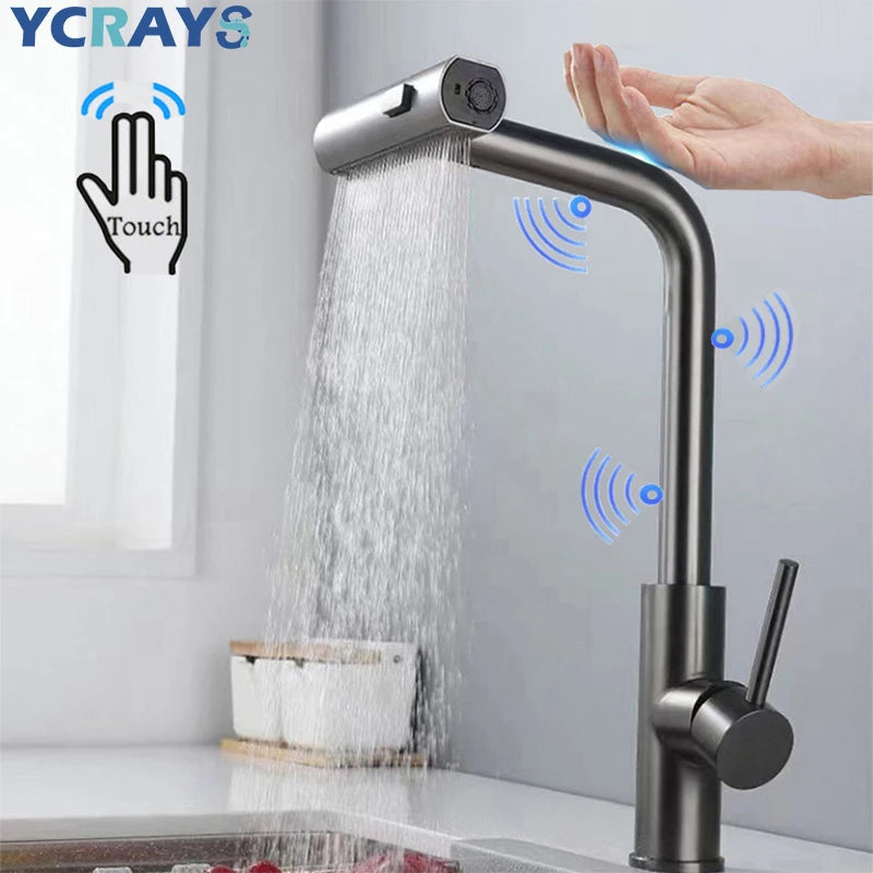 YCRAYS Brushed Nickle Kitchen Touch Sense Pulling Out Faucet Gray Waterfall Stream Sprayer Head Sink Mixer Water Tap Accessories