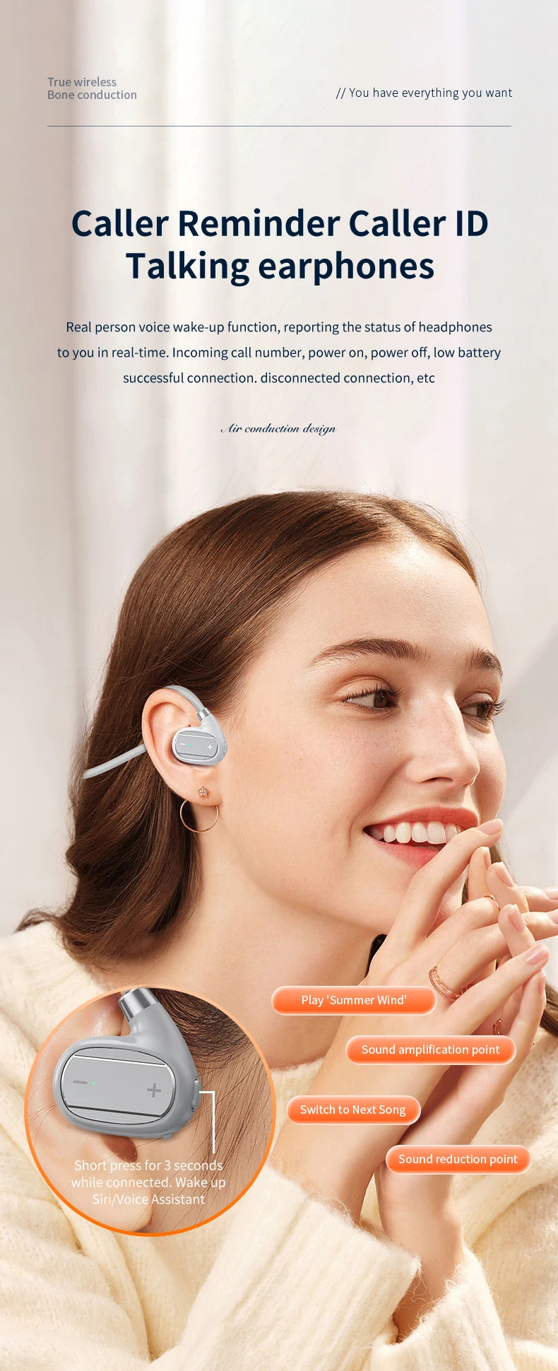Ear-mounted sports wireless earphones, air conduction headset, BT 5.3, ultra-long battery life, suitable for running and cycling