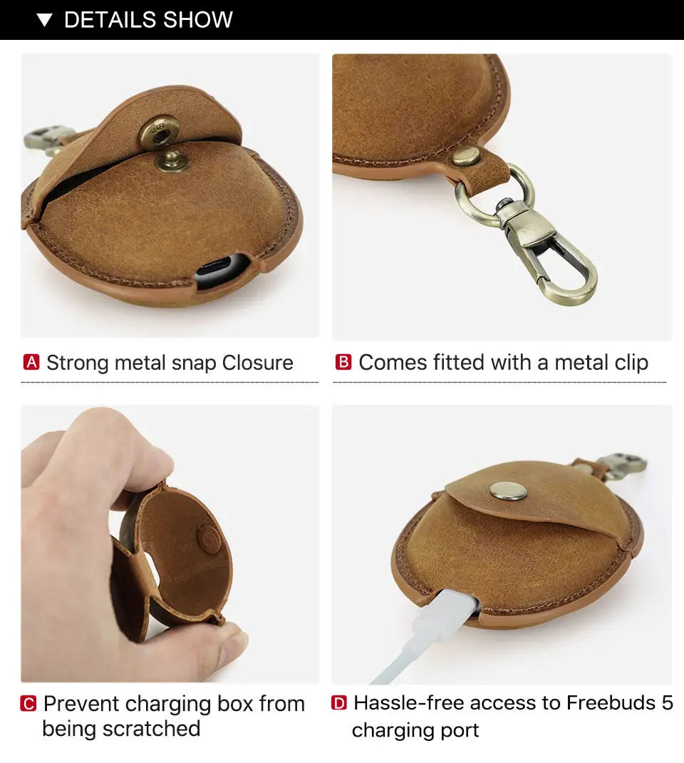 Vintage Crazy Horse Leather Earphone Case for Huawei FreeBuds 5/6 – Premium Niche Retro Style