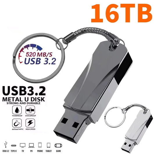 16TB USB Flash Drive Ultra-large Capacity Waterproof USB 3.2 High-speed Transfer Metal U Disk 8TB 4GB USB Memory Drive