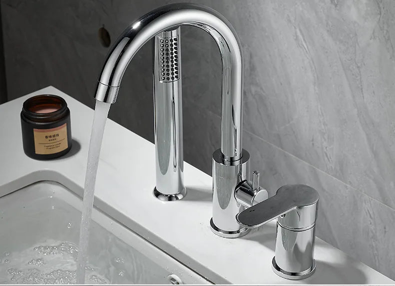 Bathroom Bathtub Shower Faucet with Swivel Tub Spout and Handhold Shower Brass Wall Mounted Hot Cold Water Mixer Bath Tap