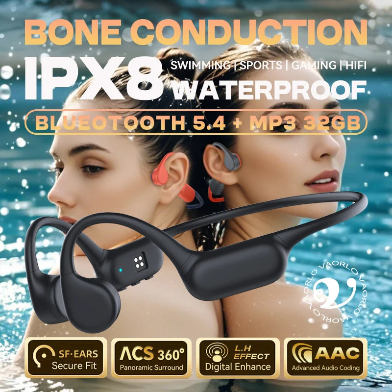 IPX8 Waterproof Bone Conduction Wireless Headphone Bluetooth 5.4+32GB MP3 Waterproof Swimming Sport HIFI Music Headset With Mic