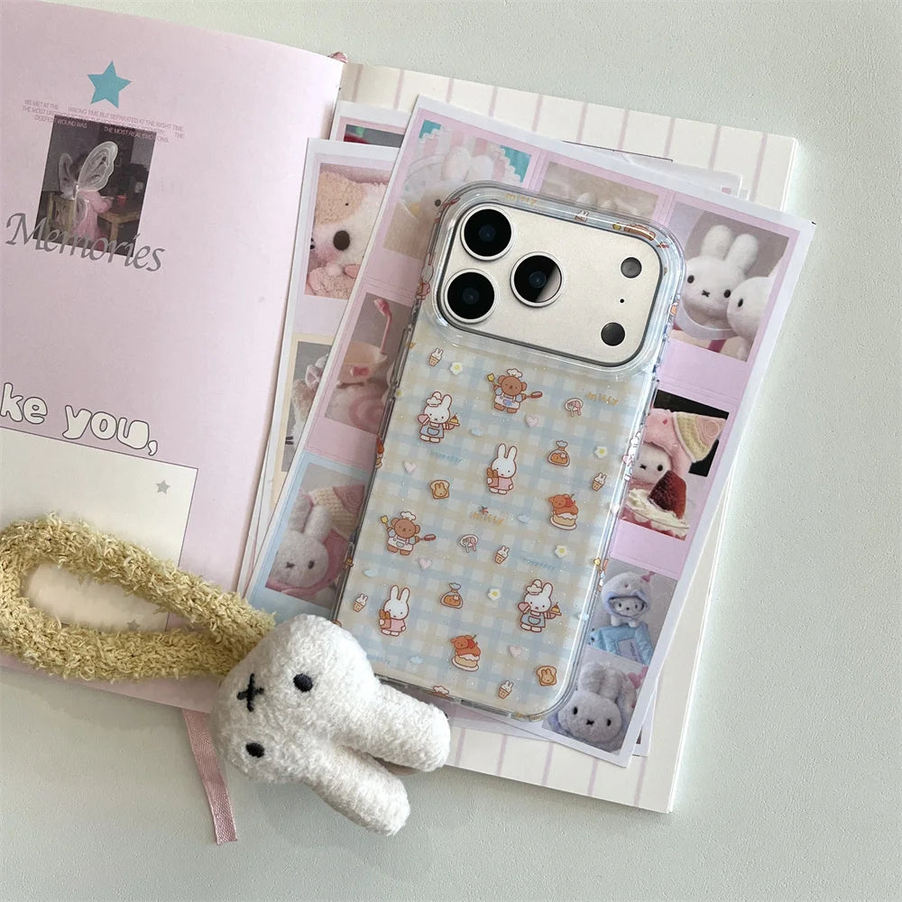 Korean INS fashion plaid Bear Rabbit phone case for iPhone 13 14 15 16 Pro 17 Pro Max cover cute cartoon cartoon shockproof Case