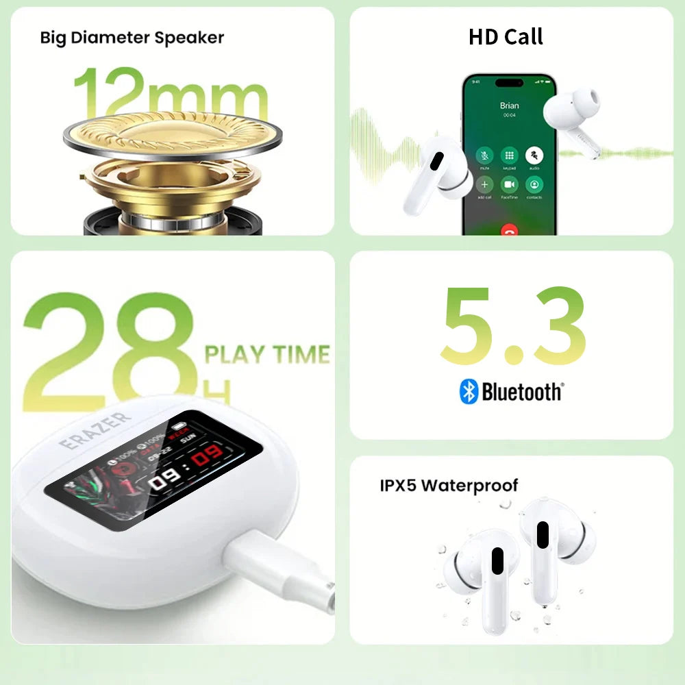ERAZER AI Translation Wireless Ear Buds Real Time Earphone with Touch LCD Screen EarBuds with 144 Translate Languages HD Call