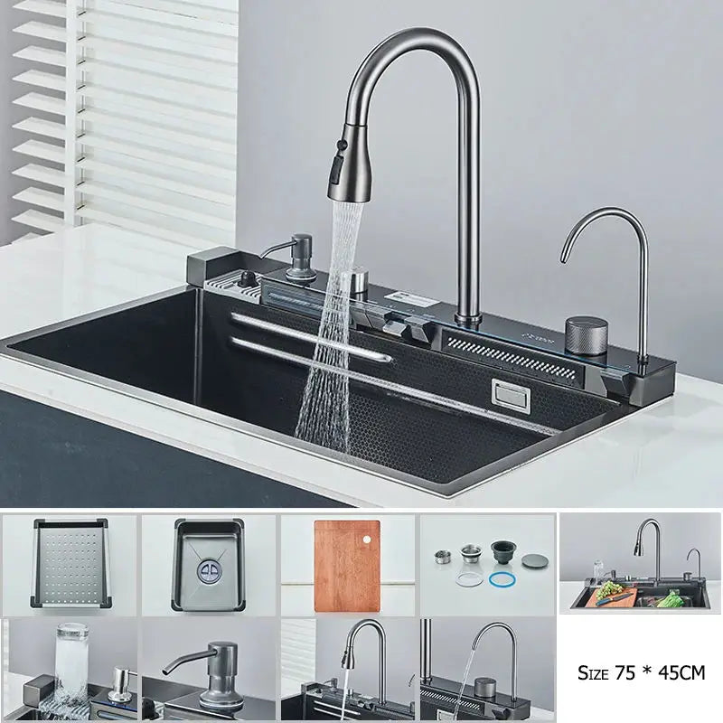 Stainless Steel Waterfall Kitchen Sink Large Single Slot Integrated 75X45cm Faucet Set Soap Dispenser/Pure Water/Cup Washer